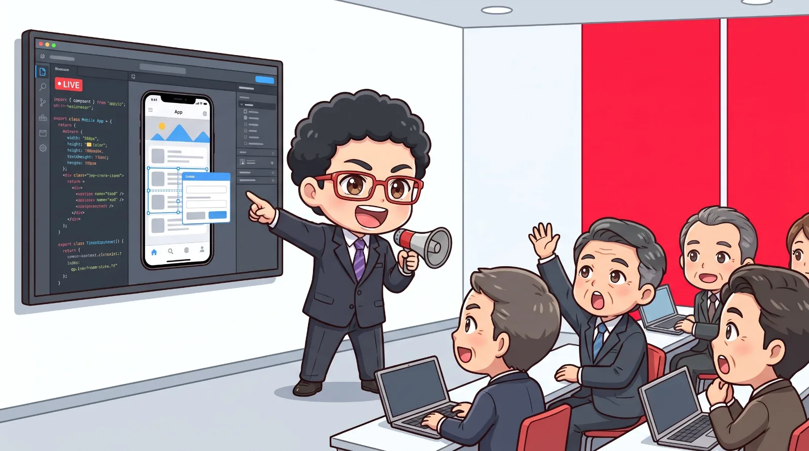 セミナーで、その場でアプリを作って見せている様子(イラスト)